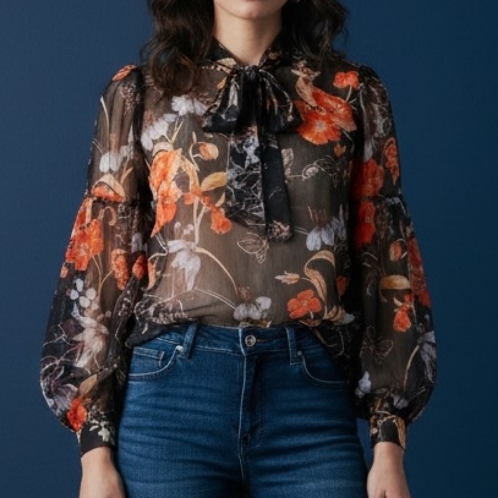WHO WHAT WEAR Sheer Floral Button Down Bow Tie Long Sleeve Blouse